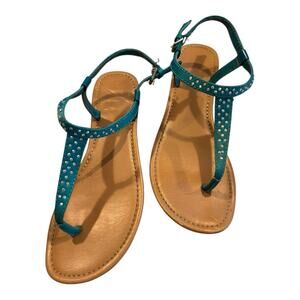 Glittery Ankle Strap Teal Crystal Rhinestone Thong Flat Sandal Size 7M